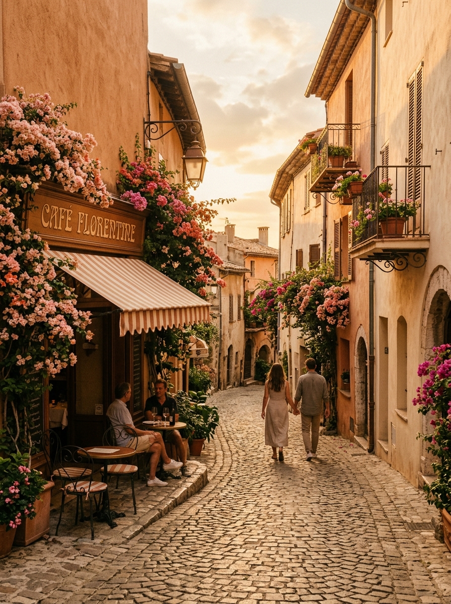 Warm European Golden Hour Travel Street and Cafe